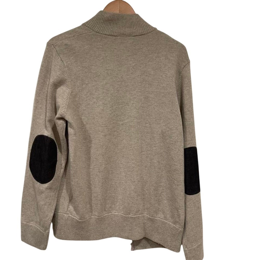 Mens VTG inspired Cable Knit Sweater cozy‎ classic crewneck patch elbows 1/4 zip